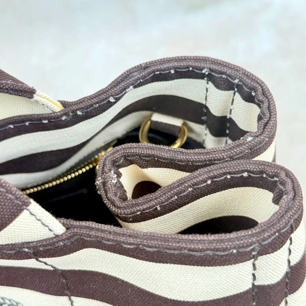 Prada Canapa Tote Chocolate Brown & Ivory Stripes w Strap + Dust Bags